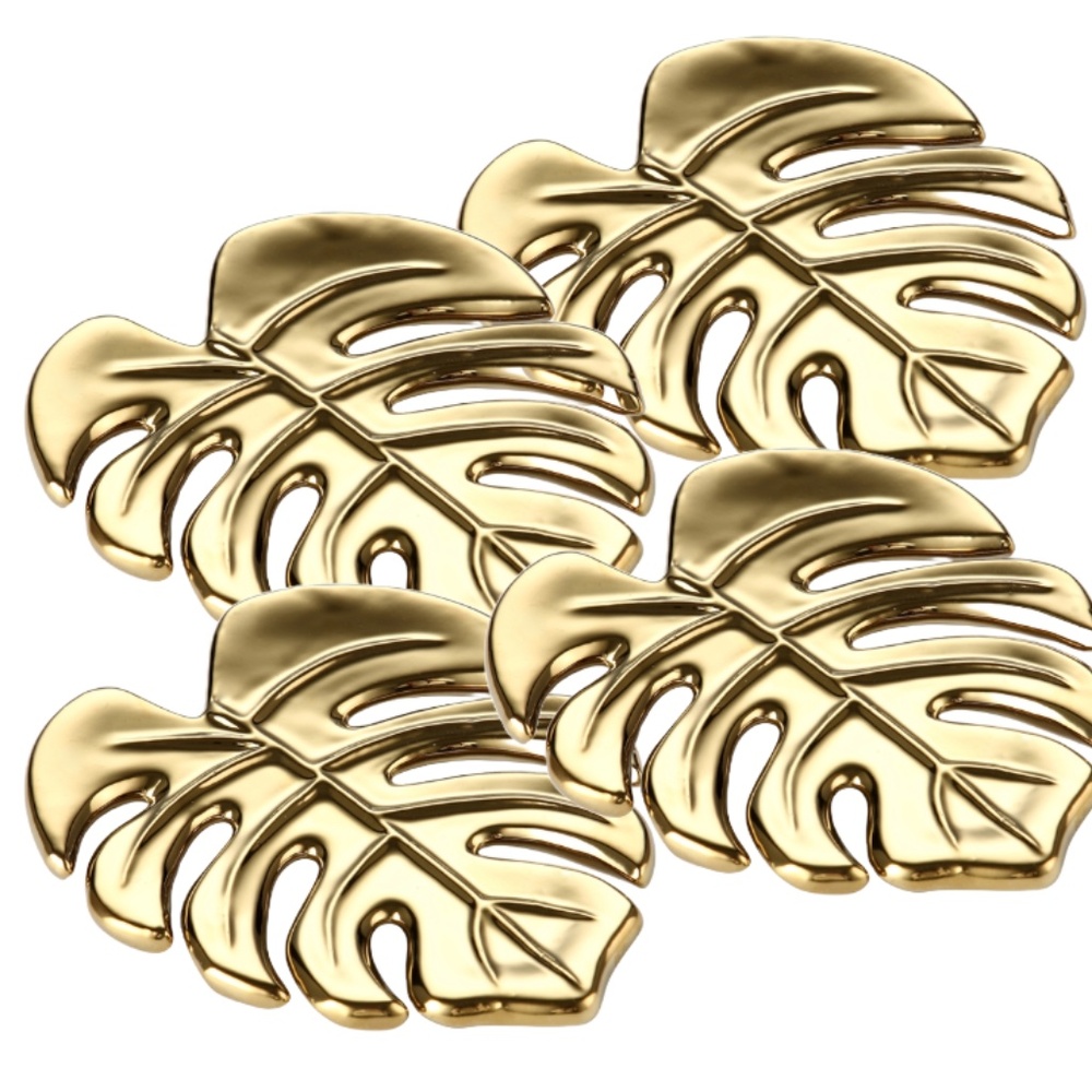 Set of 4 Monstera Leaf Coasters - Gold Tone Tropical Leaves Coaster